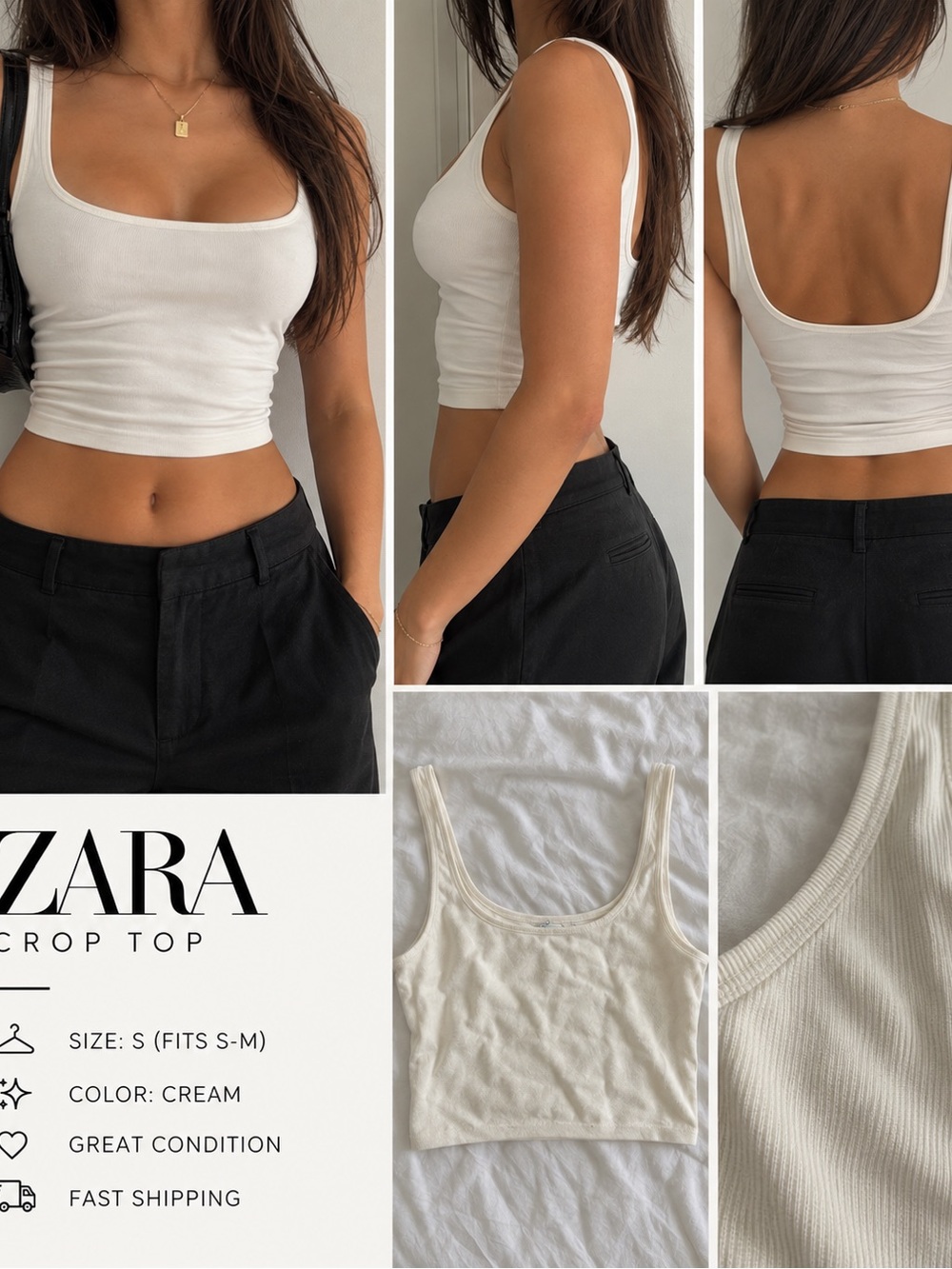 ZARA Cream Ribbed Scoop Crop Tank